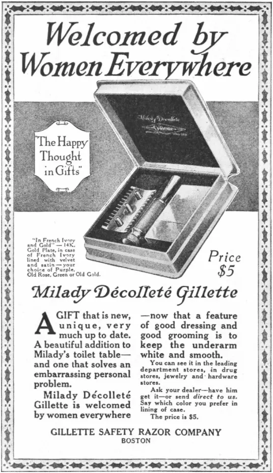 Одна из первых реклам женской бритвы от Gillette. 1915–1917 годы